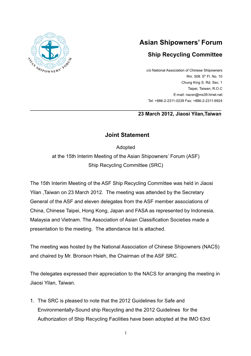 C/O National Association of Chinese Shipowners