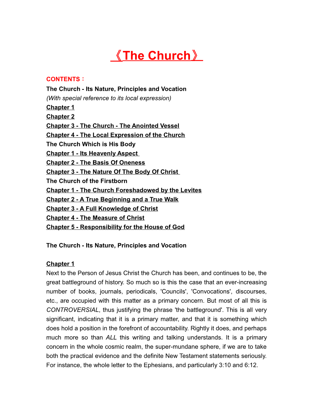 The Church - Its Nature, Principles and Vocation