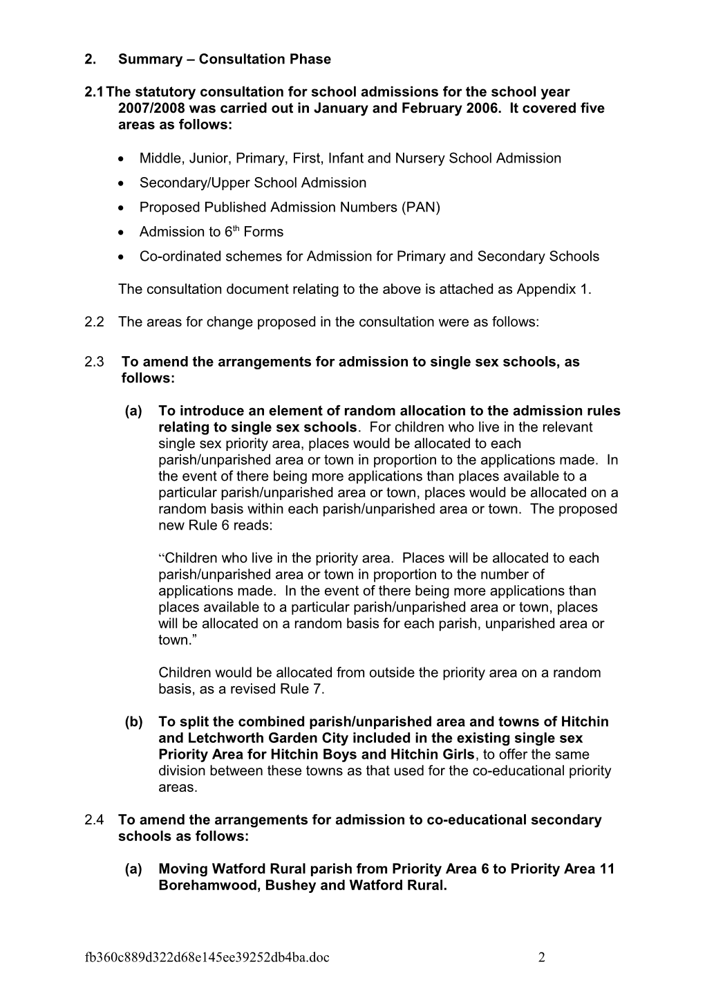 Consultation on Admission Arrangements for 2007-2008