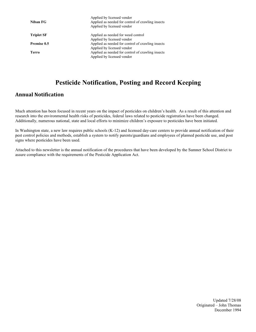 Annual Pesticide Notification, Posting and Record Keeping