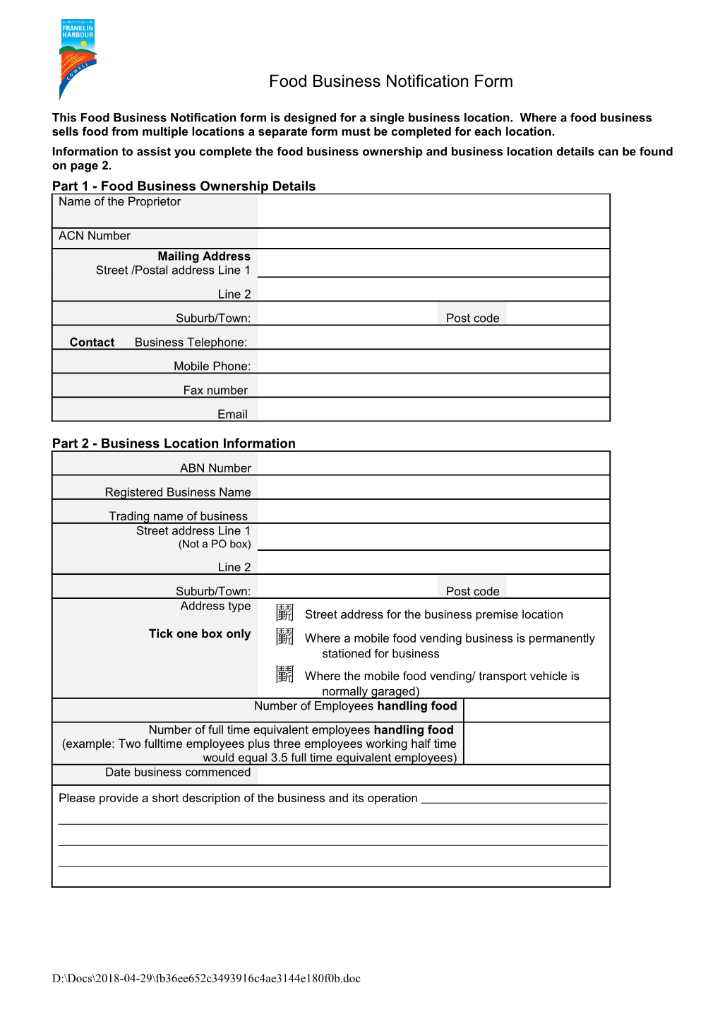 Food Business Notification Form