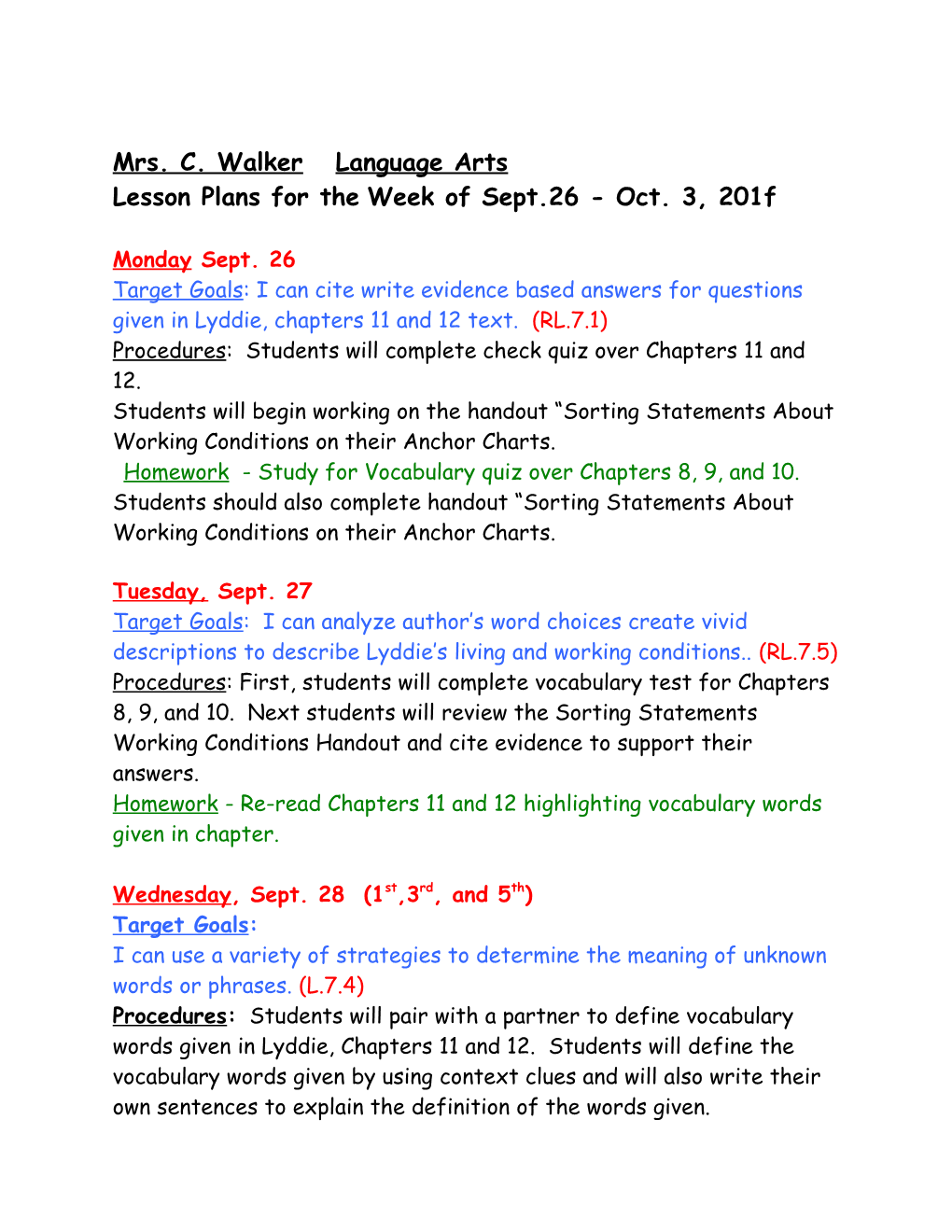 Lesson Plans for the Week of Sept.26 - Oct. 3, 201F
