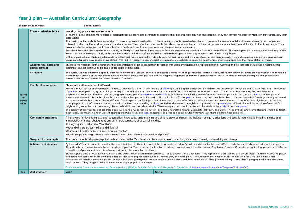 Year 3 Plan Australian Curriculum: Geography