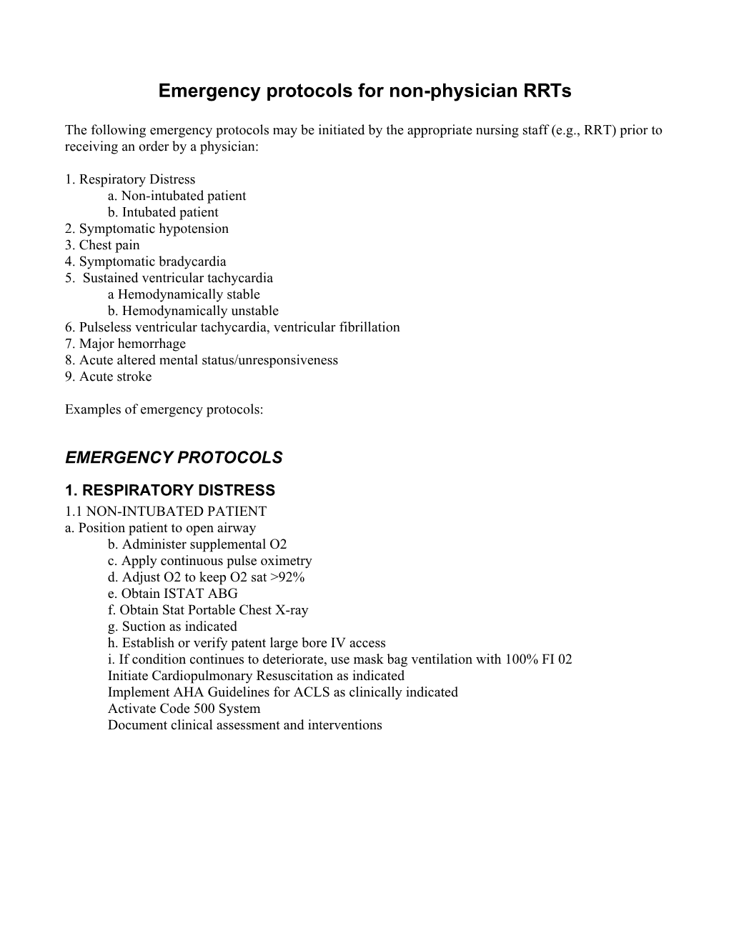 Emergency Protocols for Non-Physician Rrts