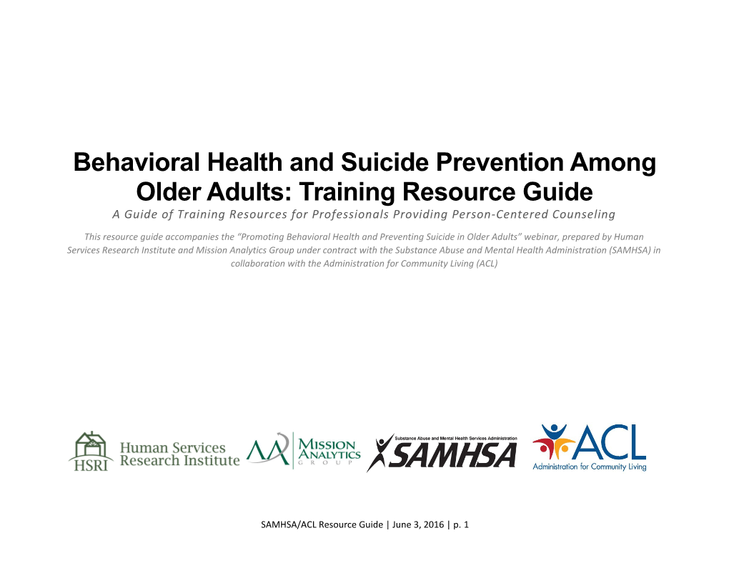 Behavioral Health and Suicide Prevention Among Older Adults: Training Resource Guide