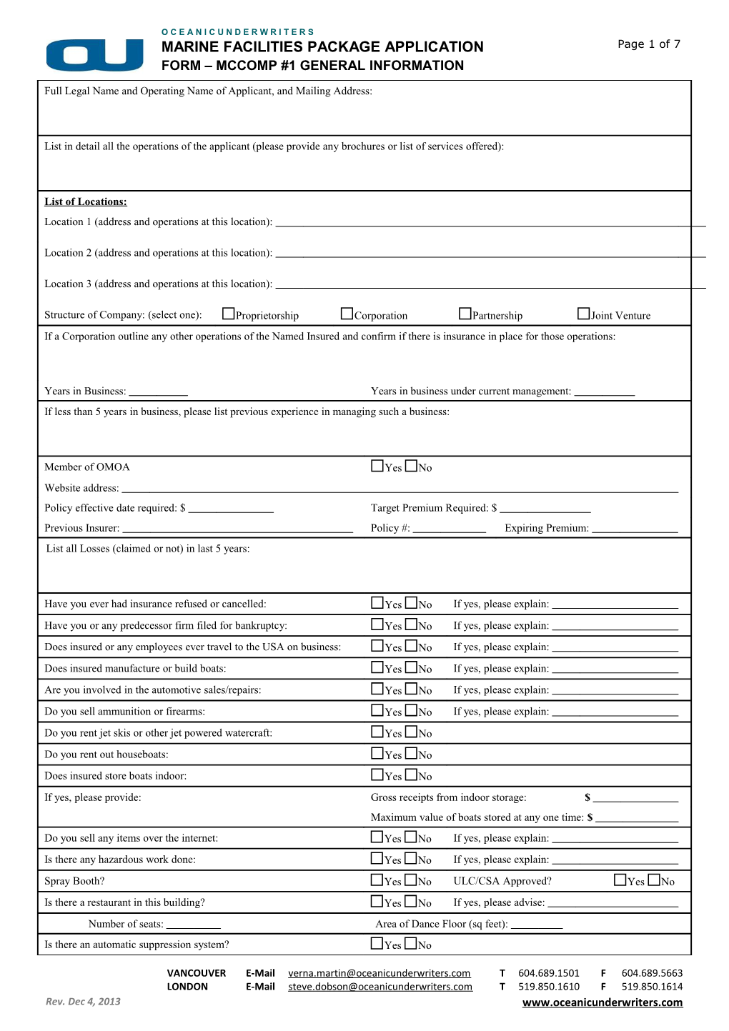 Marine Facilities Package Application Form Mccomp #1 General Information