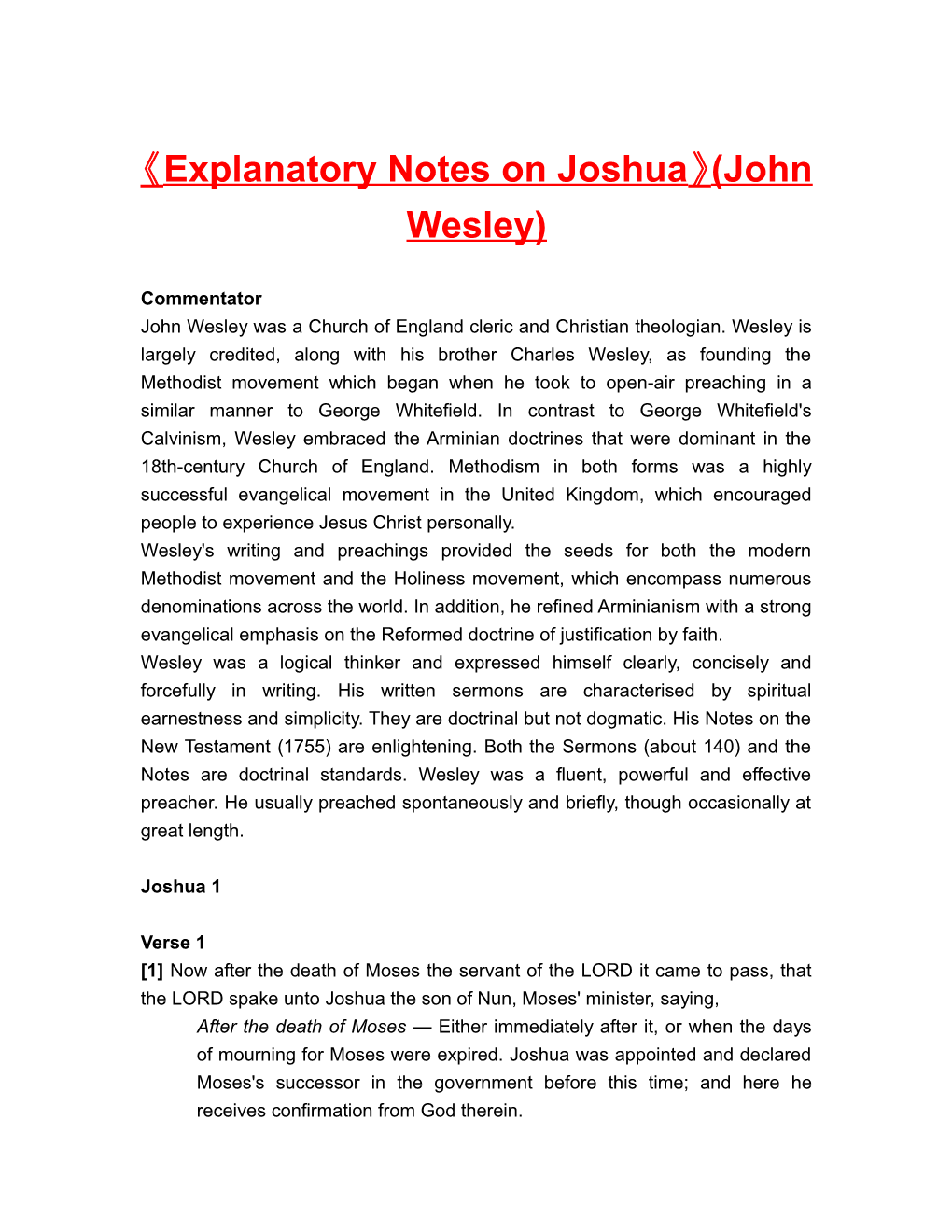 Explanatory Notes on Joshua (John Wesley)