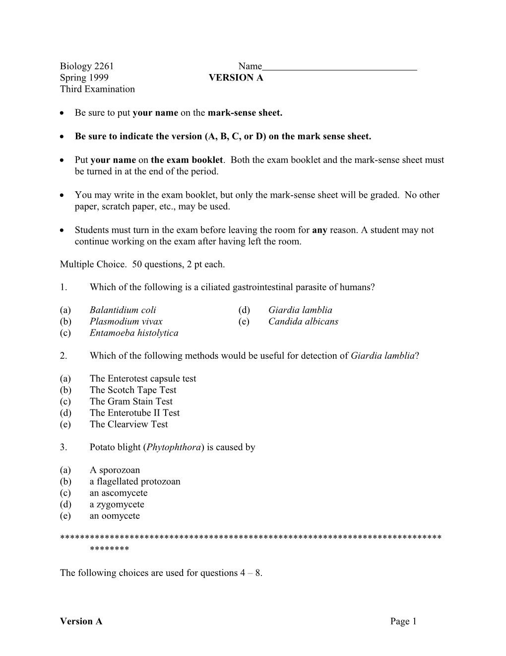 Biology 261 Name __On_Scantron_Sheet_____