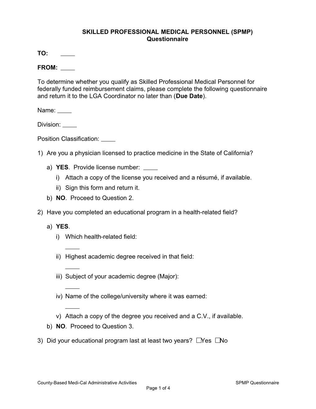 Skilled Professional Medical Personnel Questionnaire