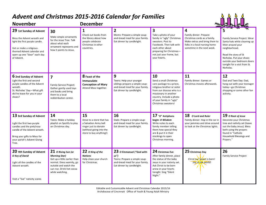 Advent and Christmas 2015-2016 Calendar for Families