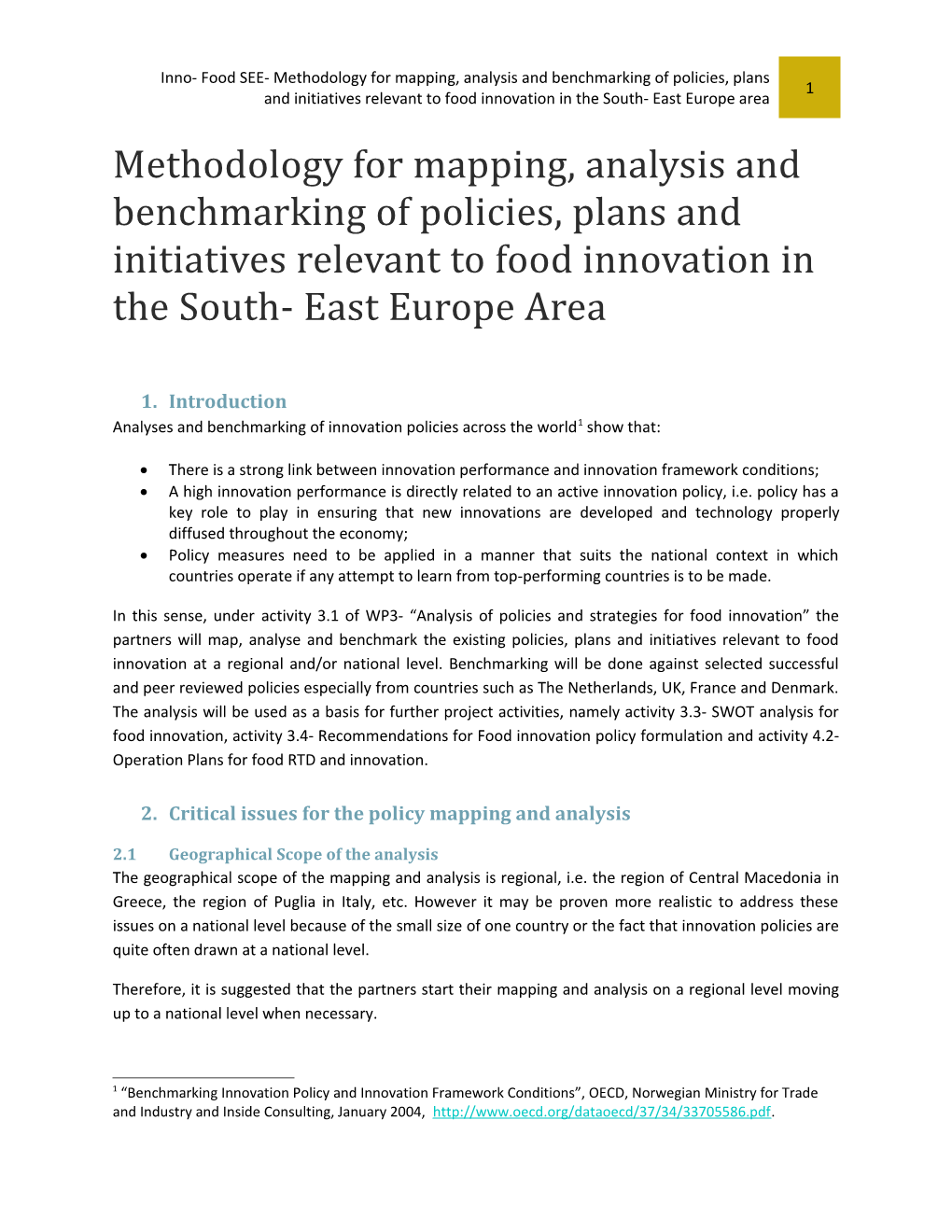 Inno- Food SEE- Methodology for Mapping, Analysis and Benchmarking of Policies, Plans And