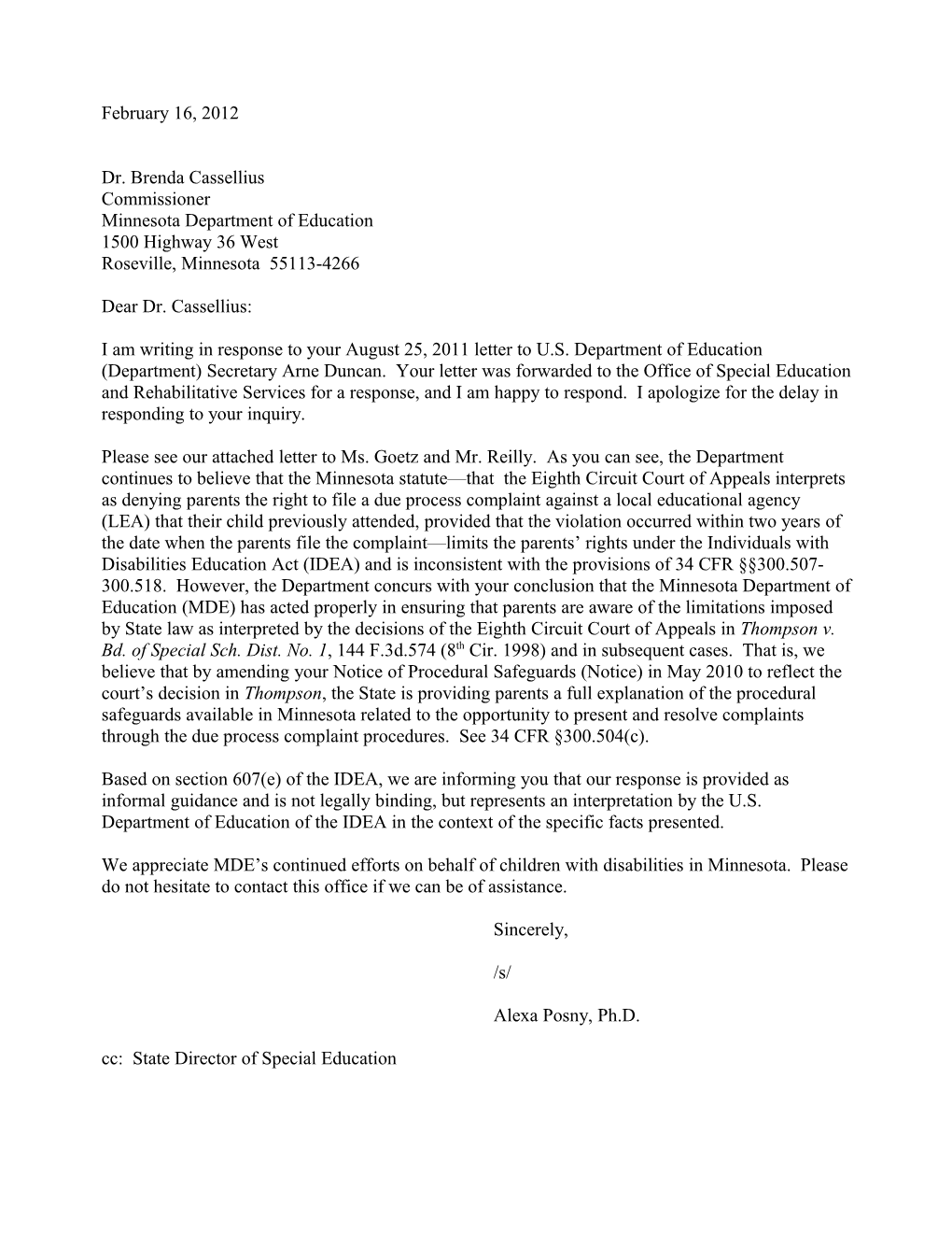 Cassellius Letter Dated 02-16-2012 Re Due Process Hearings (Word)