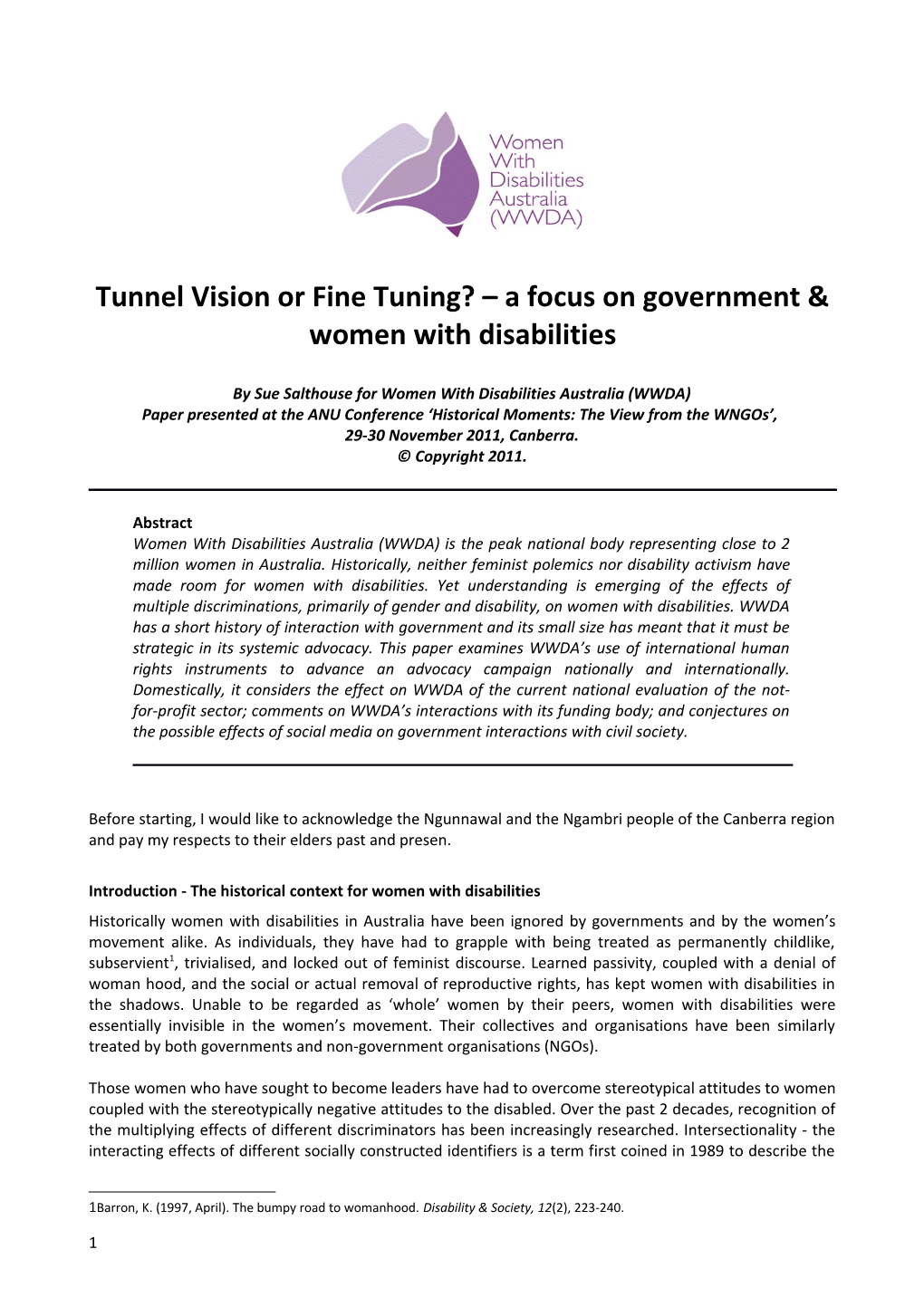 Tunnel Vision Or Fine Tuning? a Focus on Government & Women with Disabilities
