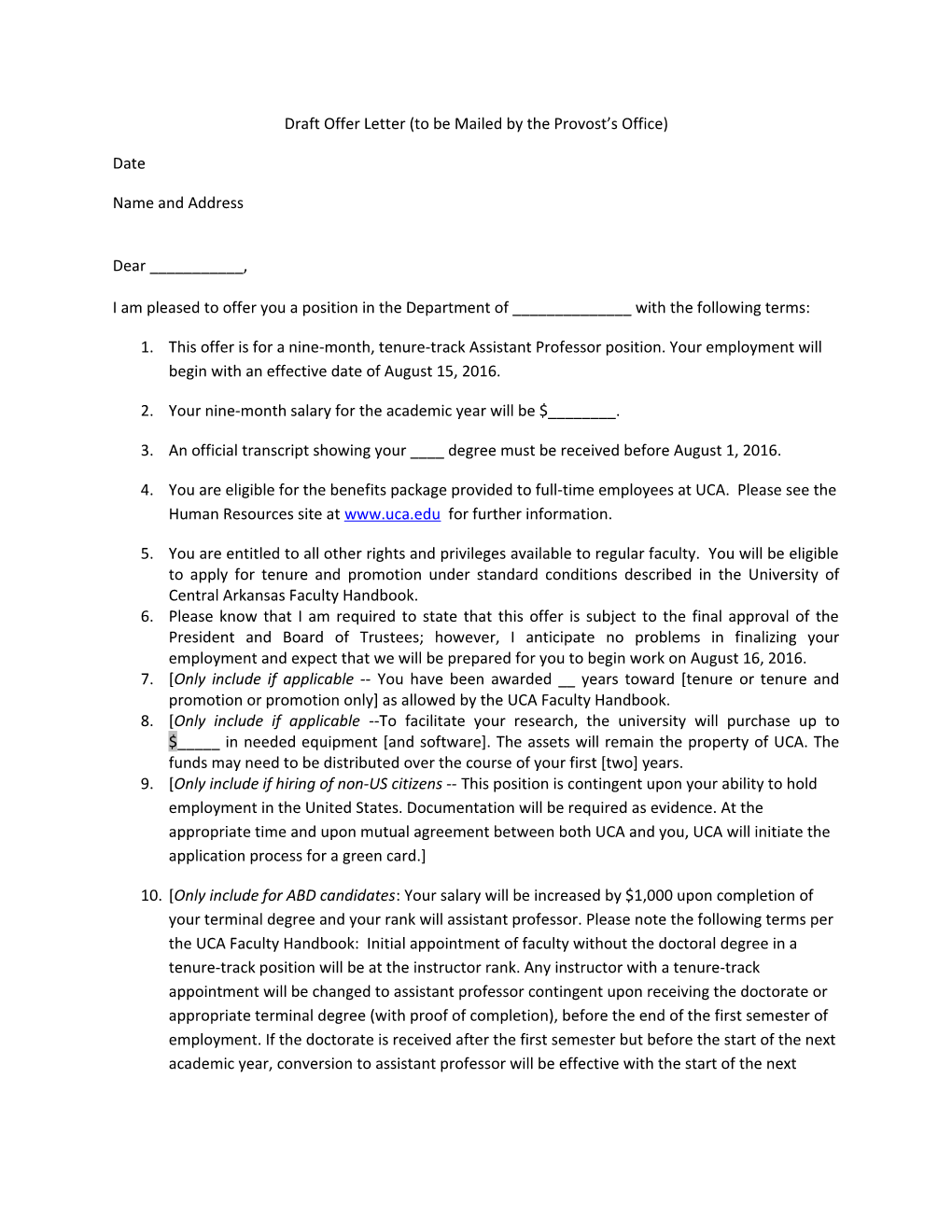 Draft Offer Letter (To Be Mailed by the Provost S Office)