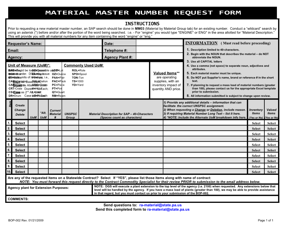Material Master Number Request Form
