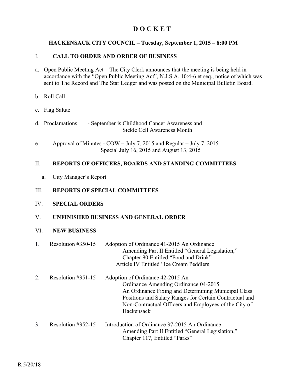 HACKENSACK CITY COUNCIL Tuesday, September 1, 2015 8:00 PM