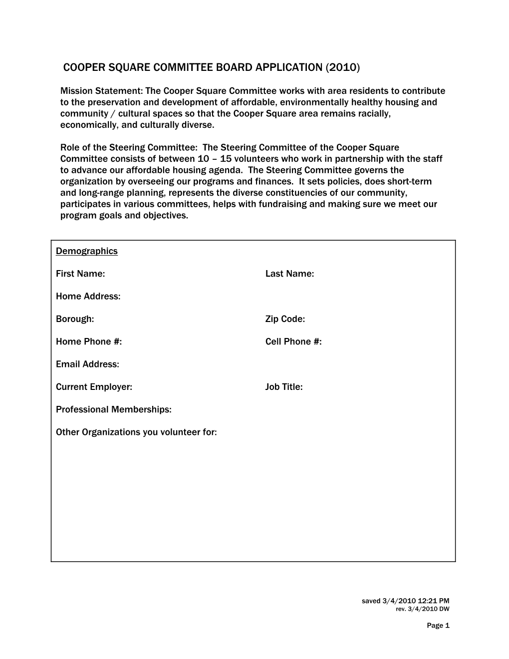 Cooper Square Committee Board Application (2010)