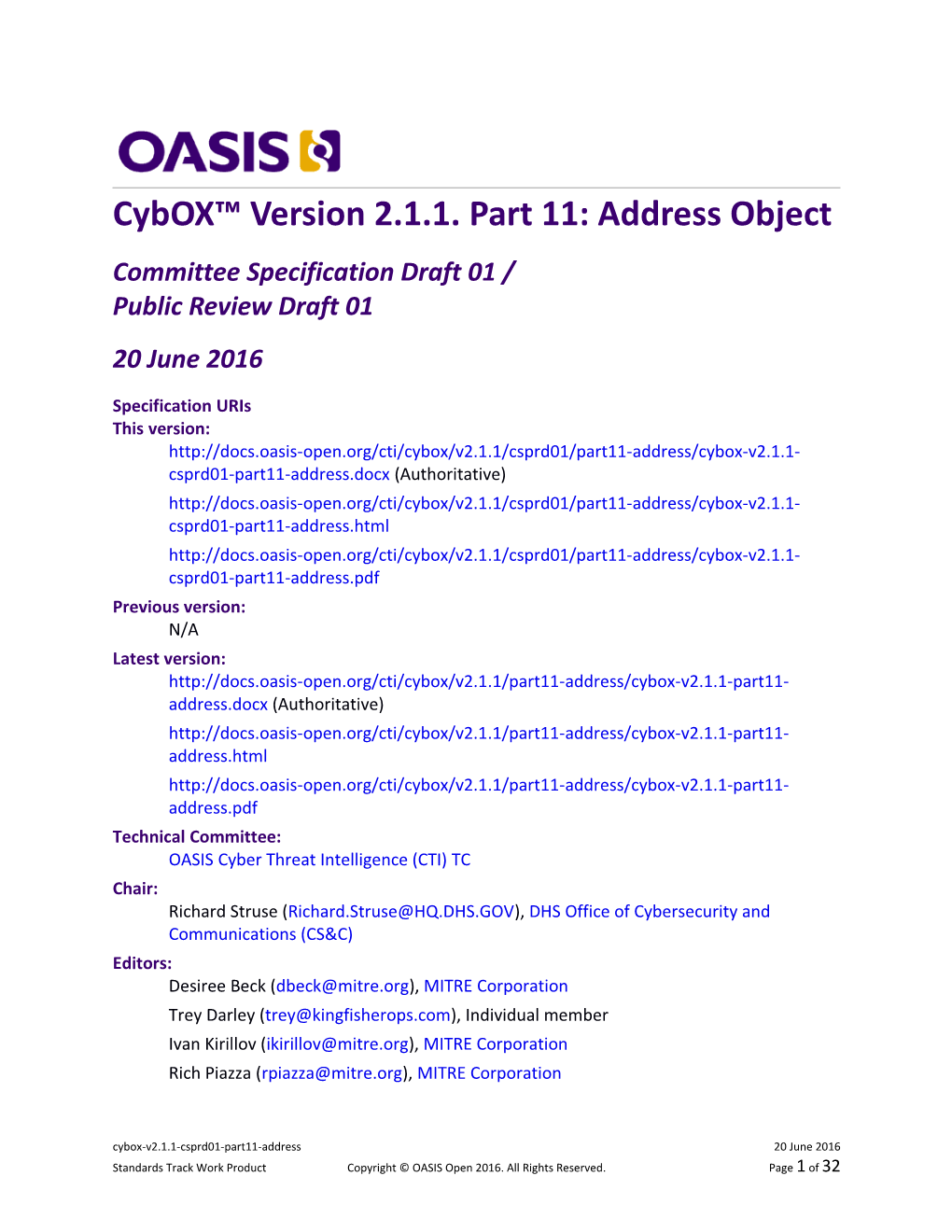 Cybox Version 2.1.1 Part 11: Address Object
