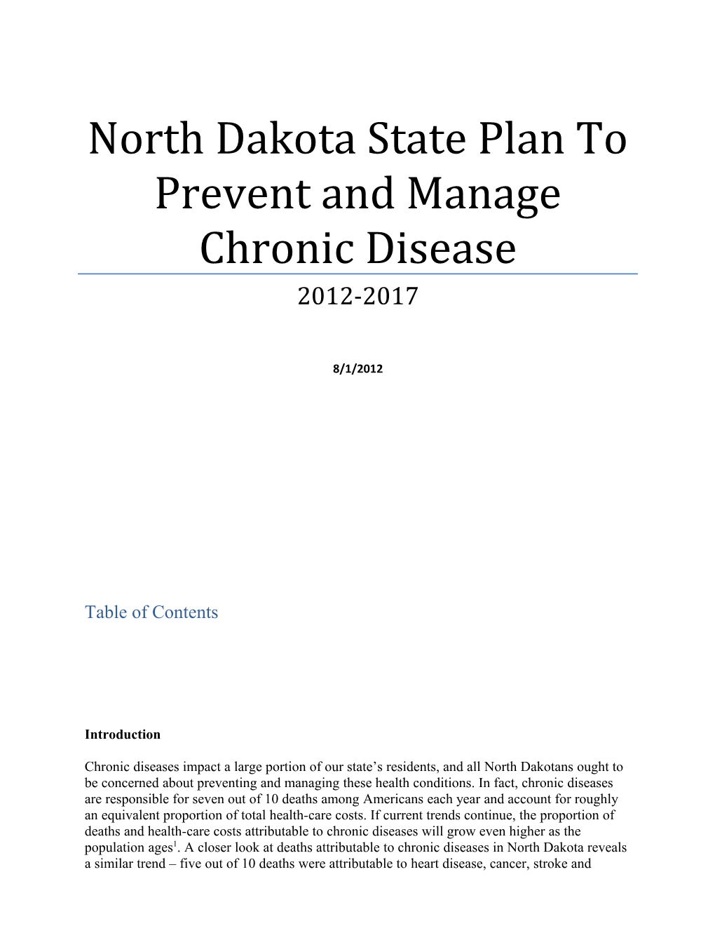 North Dakota State Plan to Prevent and Manage Chronic Disease