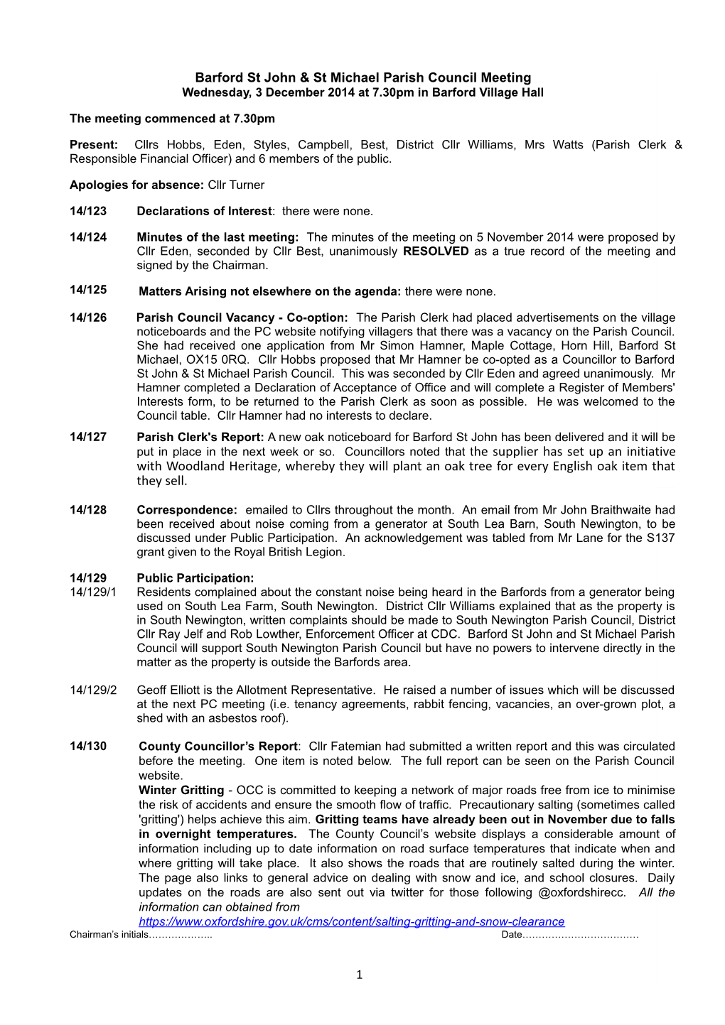 Barford St John & St Michael Parish Council Meeting