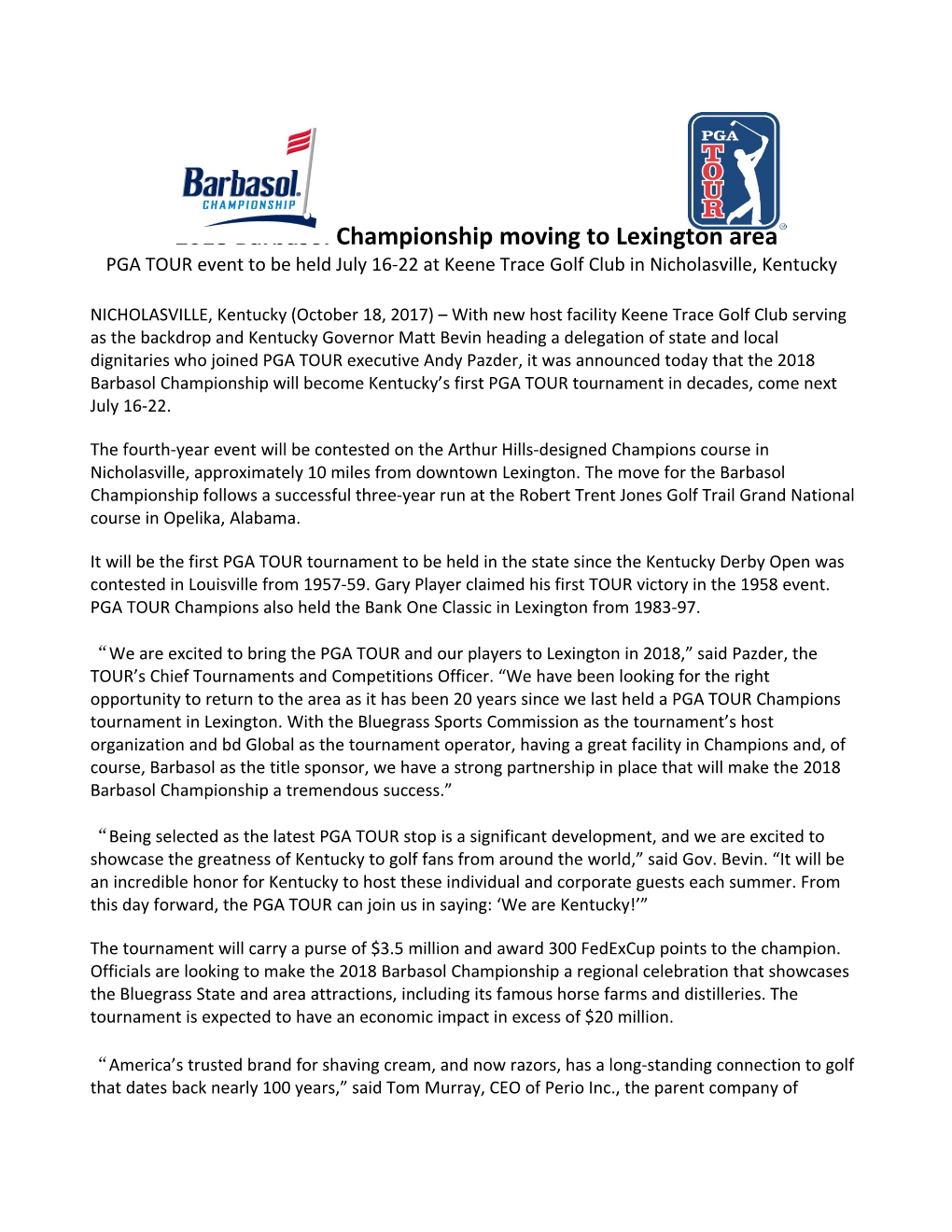 2018 Barbasol Championship Moving to Lexington Area