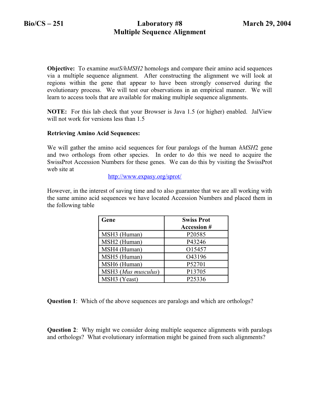 Objective: to Examine Muts Homologs and Compare Their Amino Acid Sequences Via a Multiple