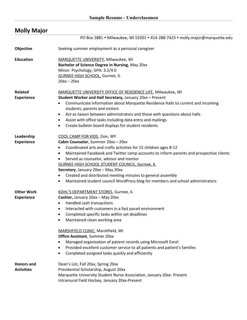 Sample Resume - Underclassmen