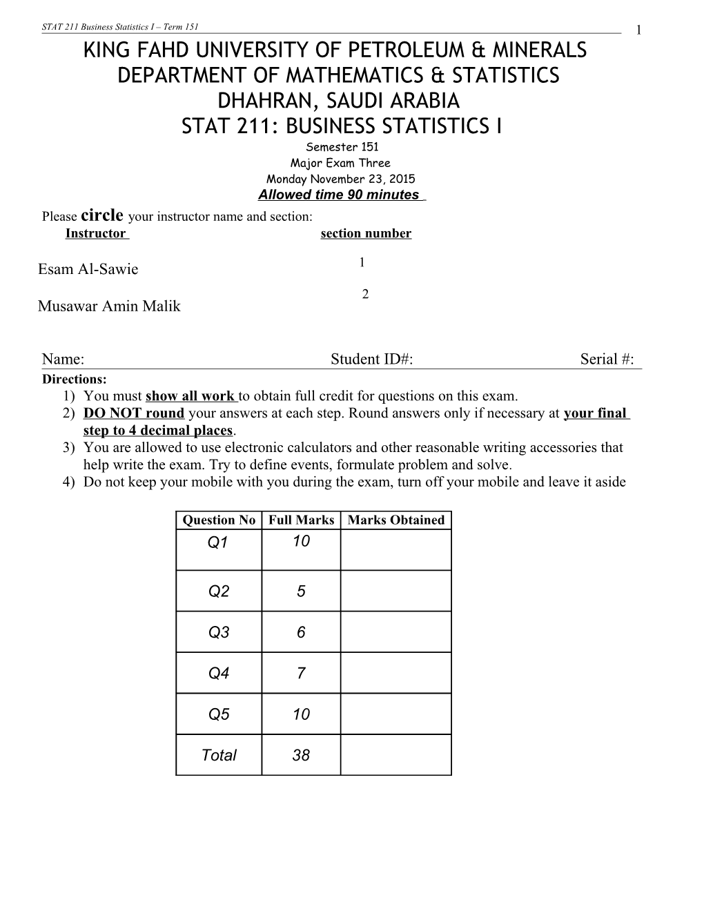 STAT 211 Business Statistics I Term 151
