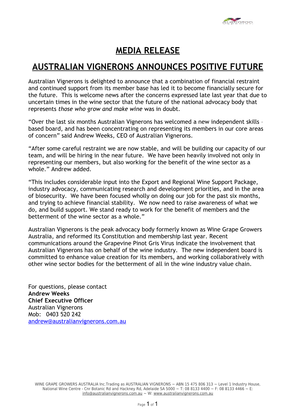 Australian Vignerons Announcespositive Future