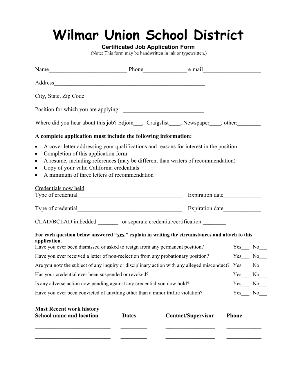 Certificated Job Application Form