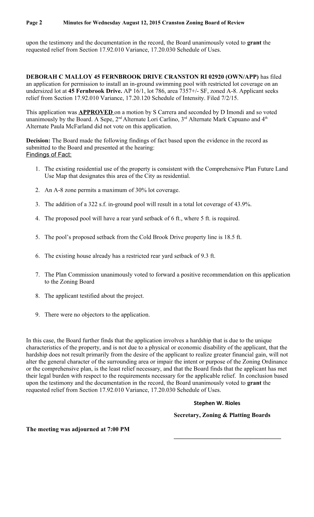 Page 2 Minutes for Wednesday August 12, 2015 Cranston Zoning Board of Review