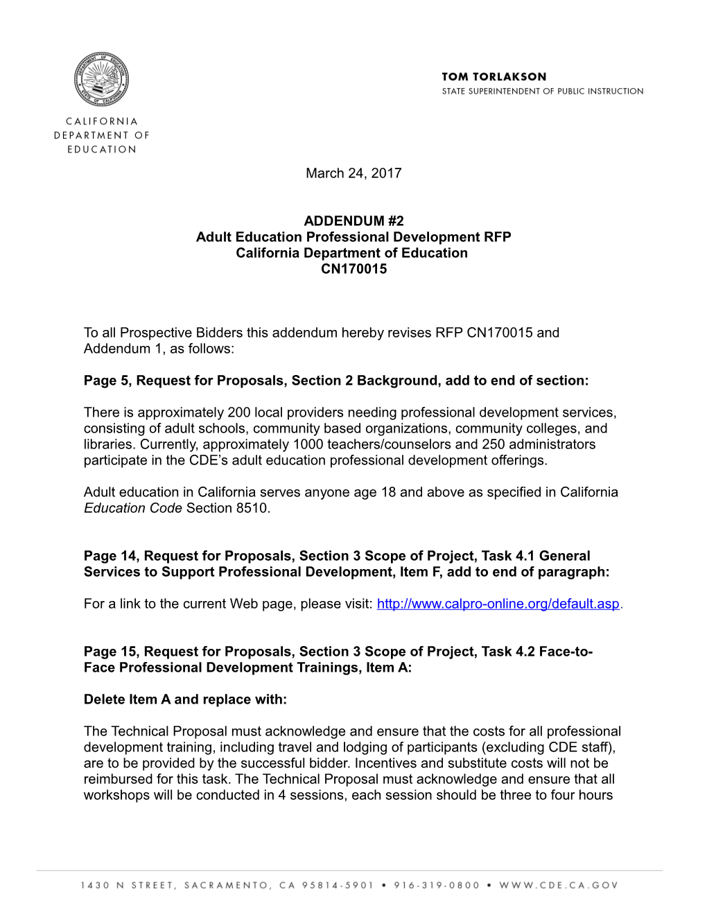 RFP - AE Professional Development (CA Dept of Education)