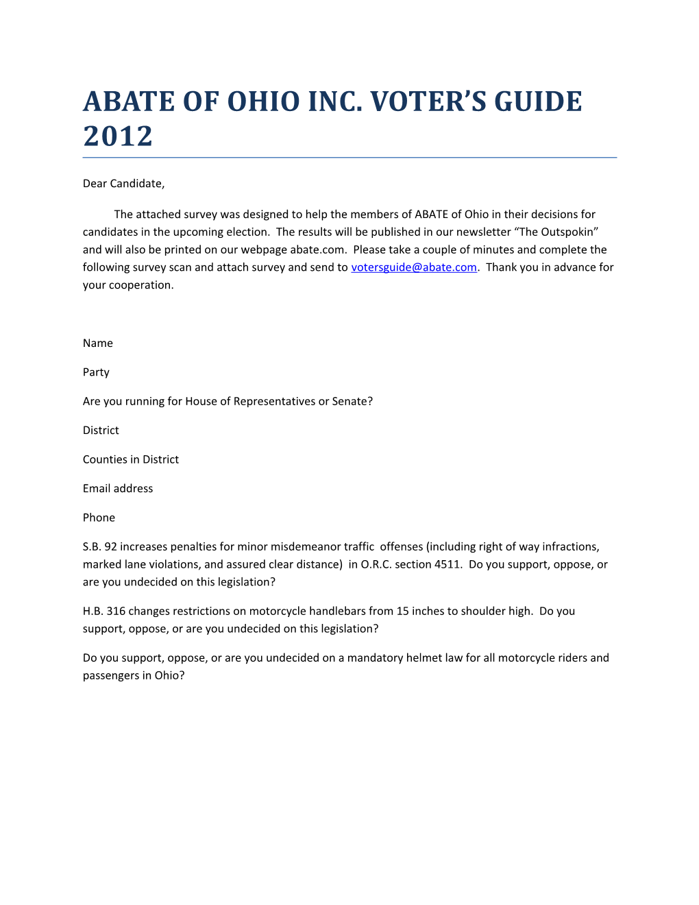 Abate of Ohio Inc. Voter S Guide 2012