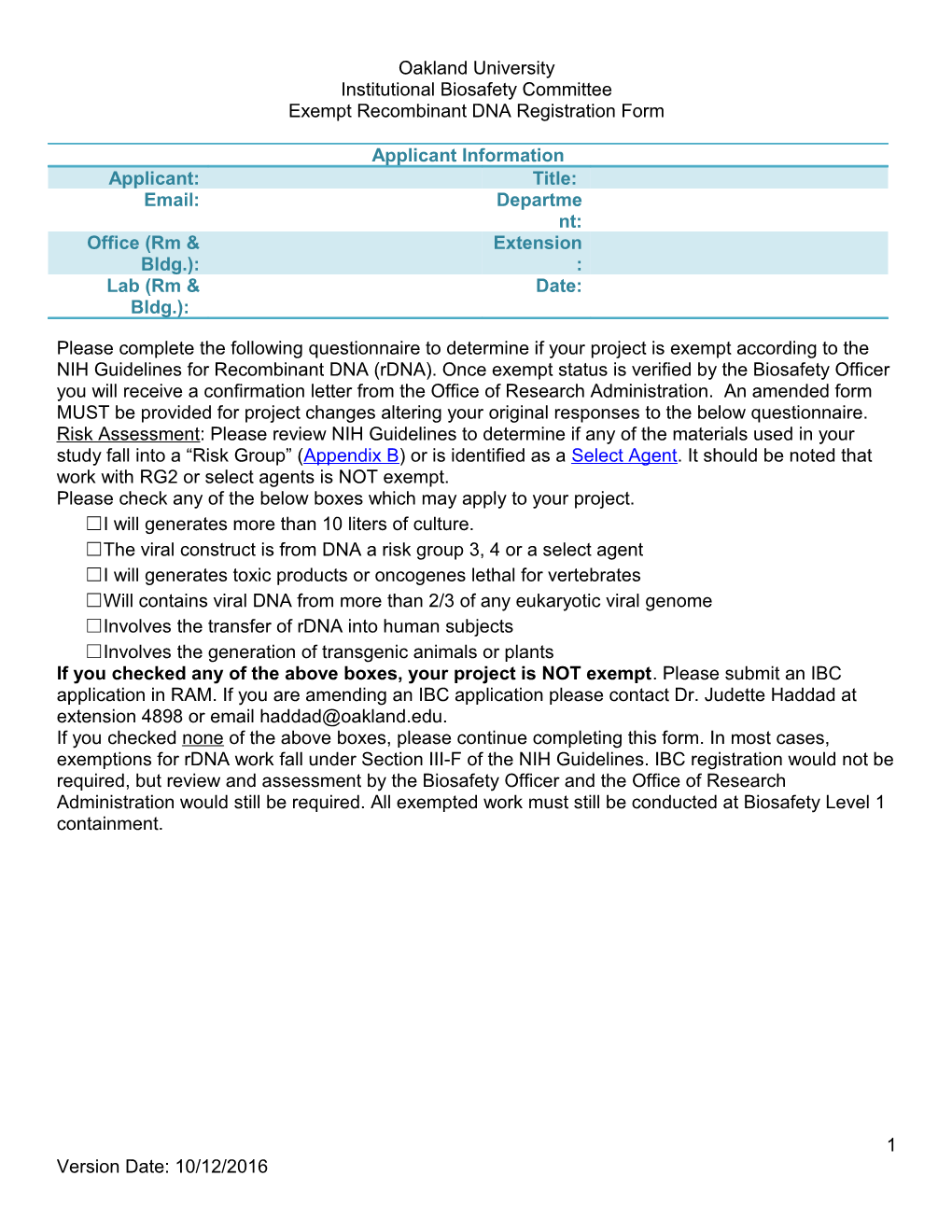 Oakland University Institutional Biosafety Committee Exempt Recombinant DNA Registration Form