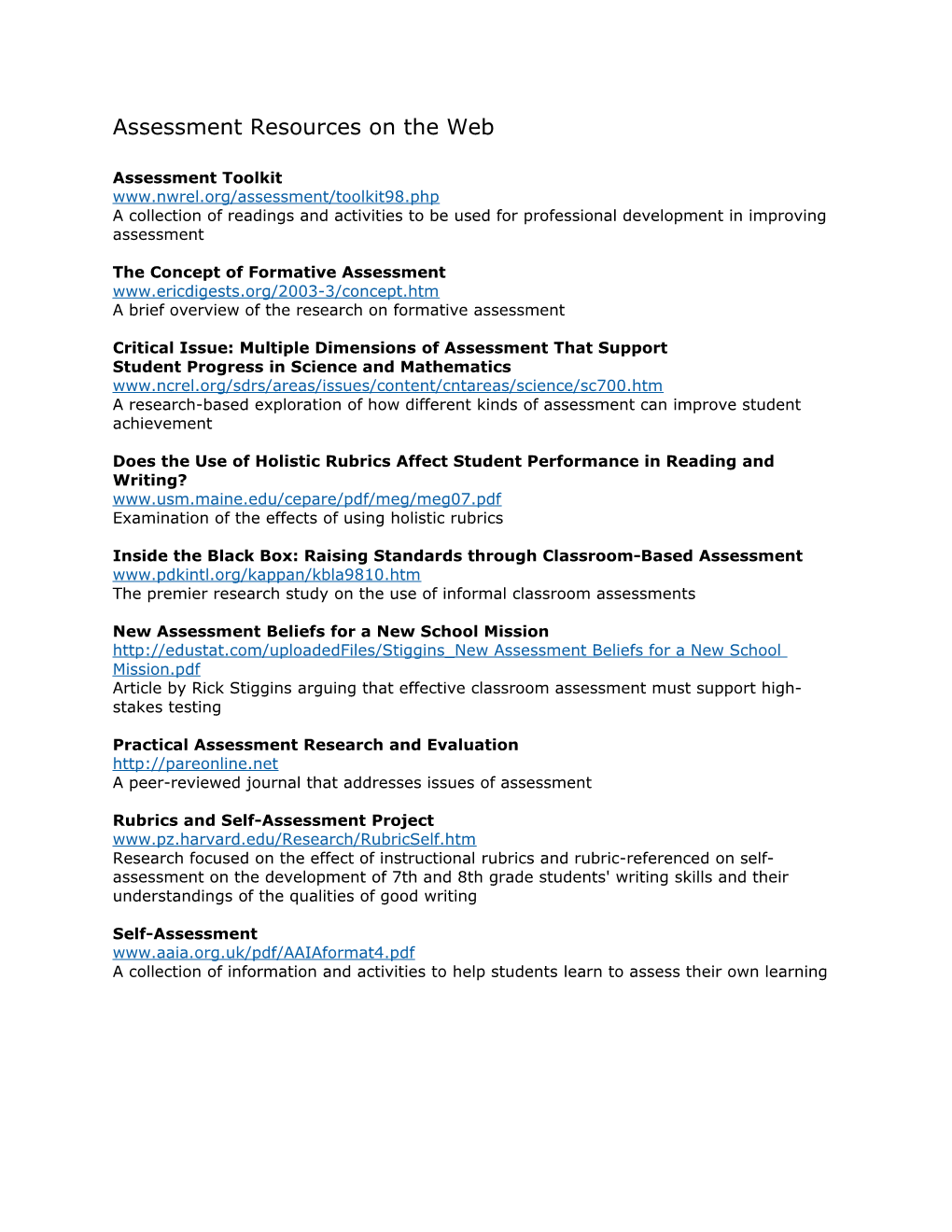 Assessment Resources on the Web