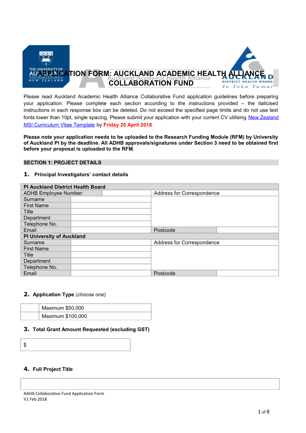 Application Form: Auckland Academic Health Alliance Collaboration Fund