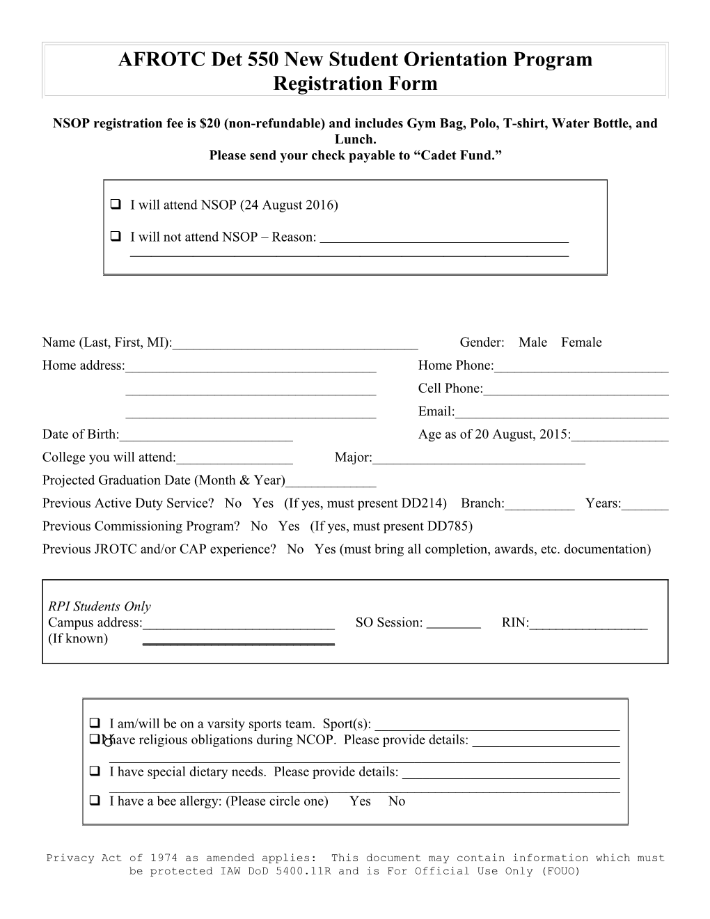 AFROTC Cadet Orientation Registration Form