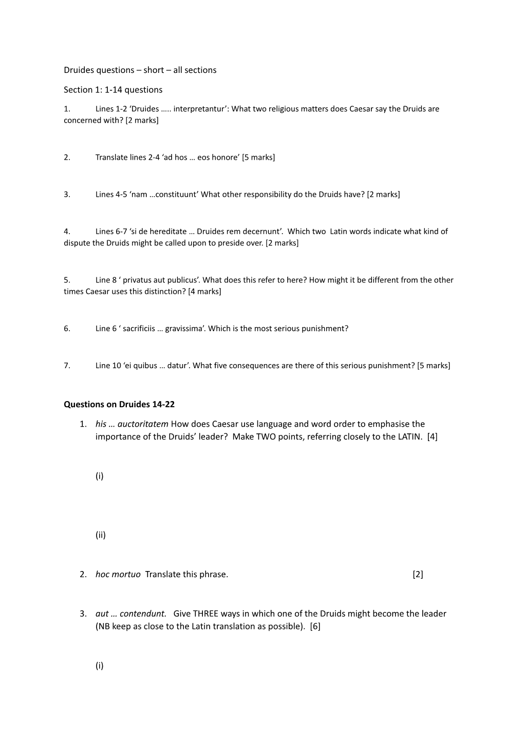 Druides Questions Short All Sections