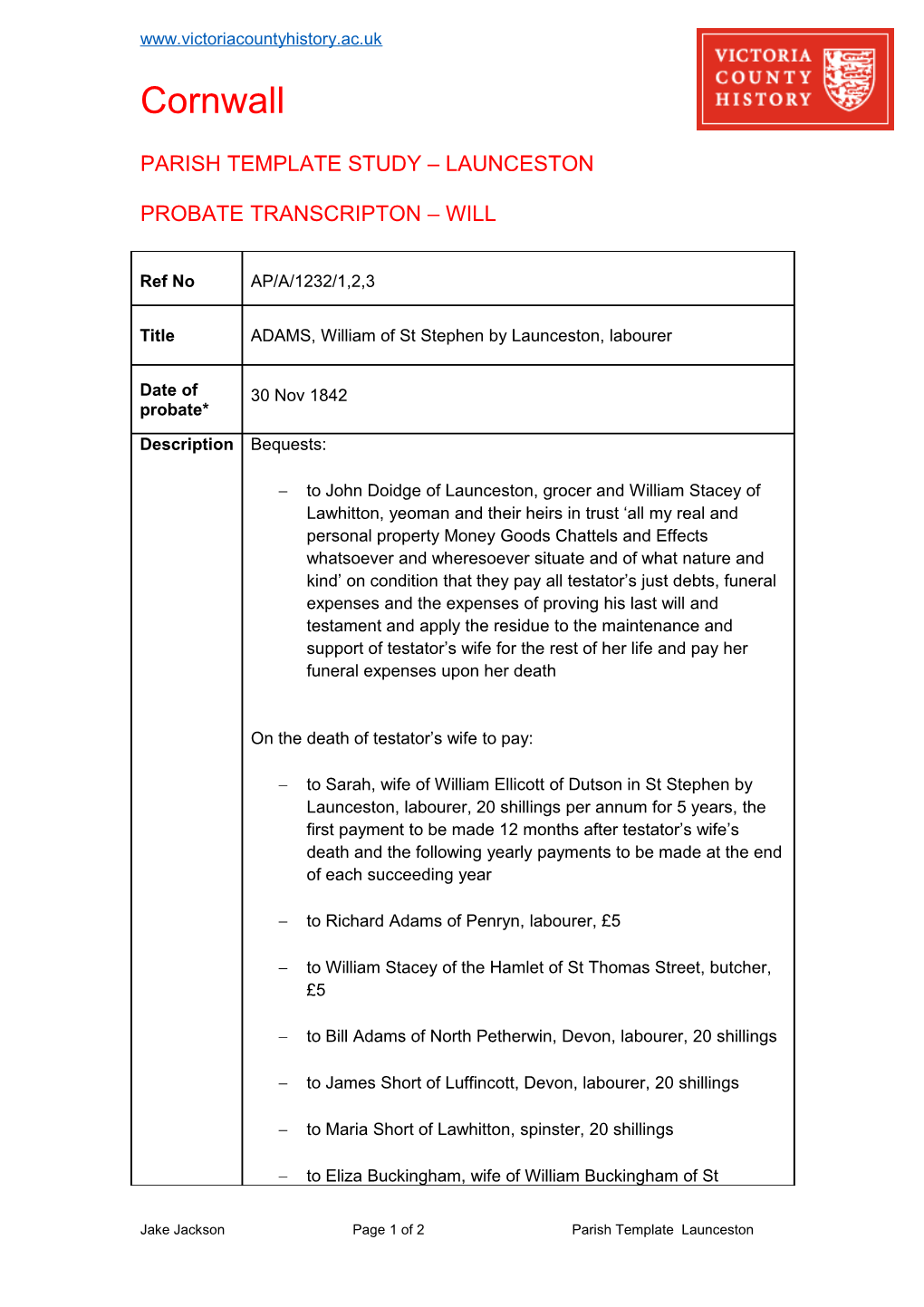 Parish Template Study Launceston s1