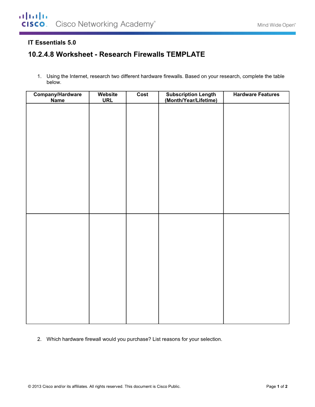 10.2.4.8 Worksheet - Research Firewalls TEMPLATE