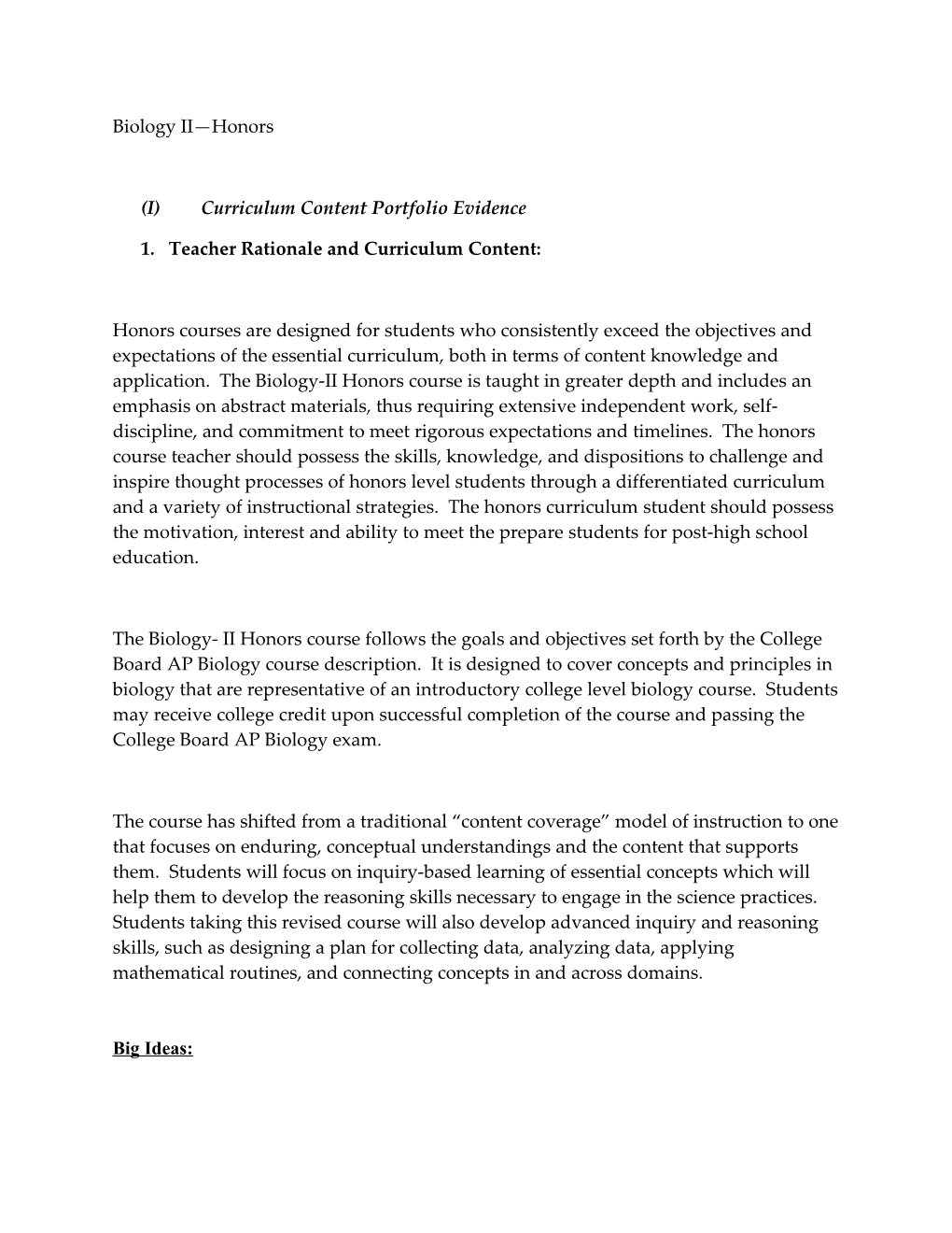 (I) Curriculum Content Portfolio Evidence