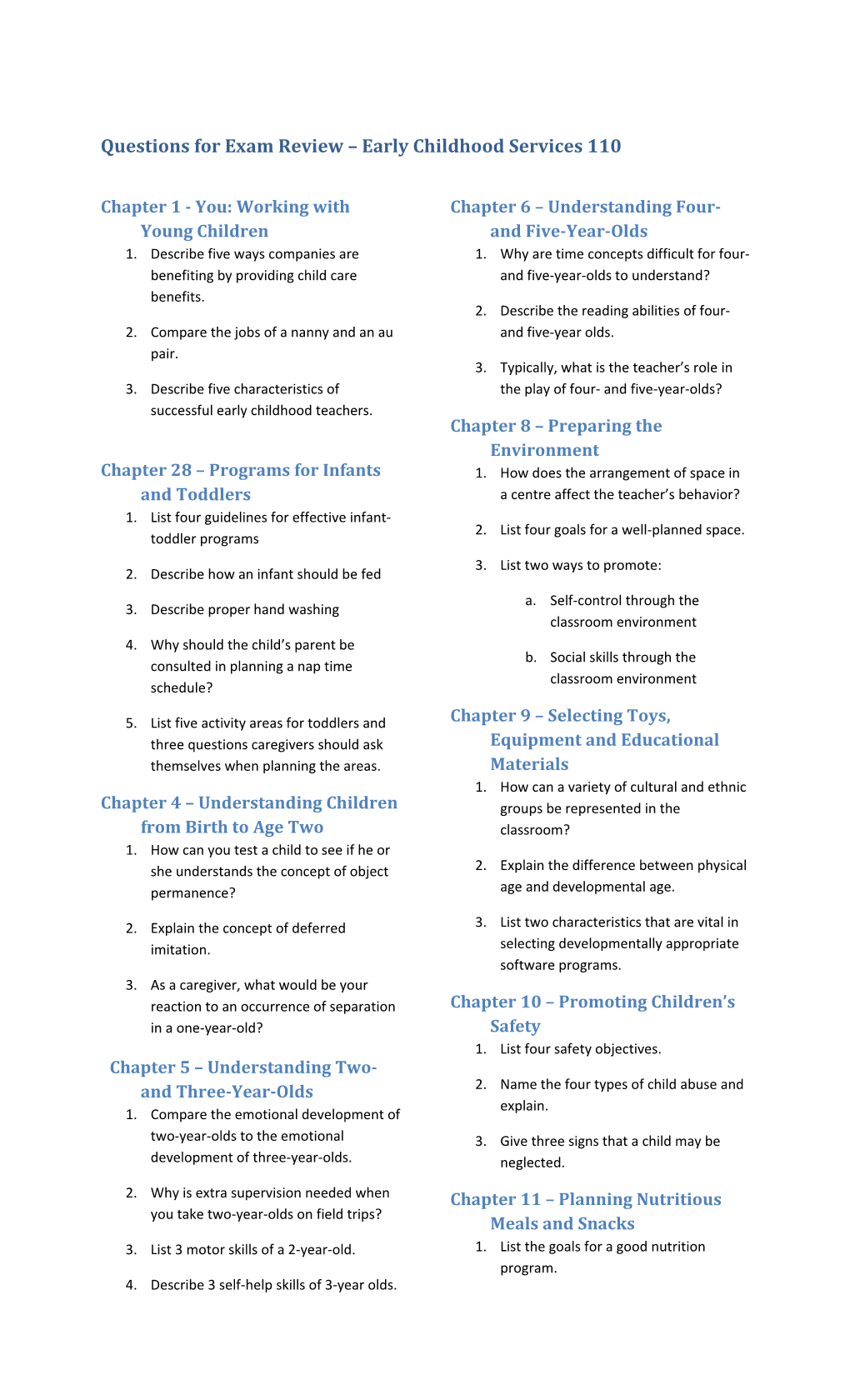 Questions for Exam Review Early Childhood Services 110