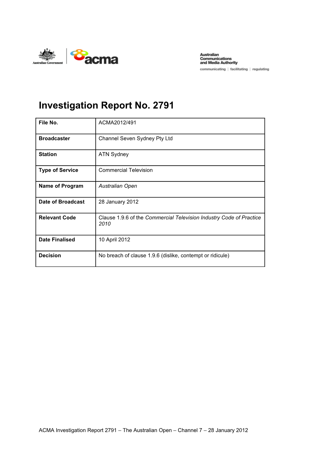 ATN Sydney - ACMA Investigation Report 2791