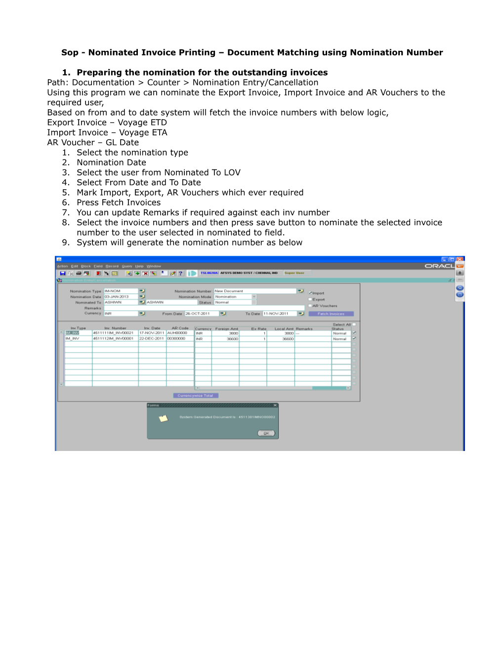 Sop - Nominated Invoice Printing Document Matching Using Nomination Number