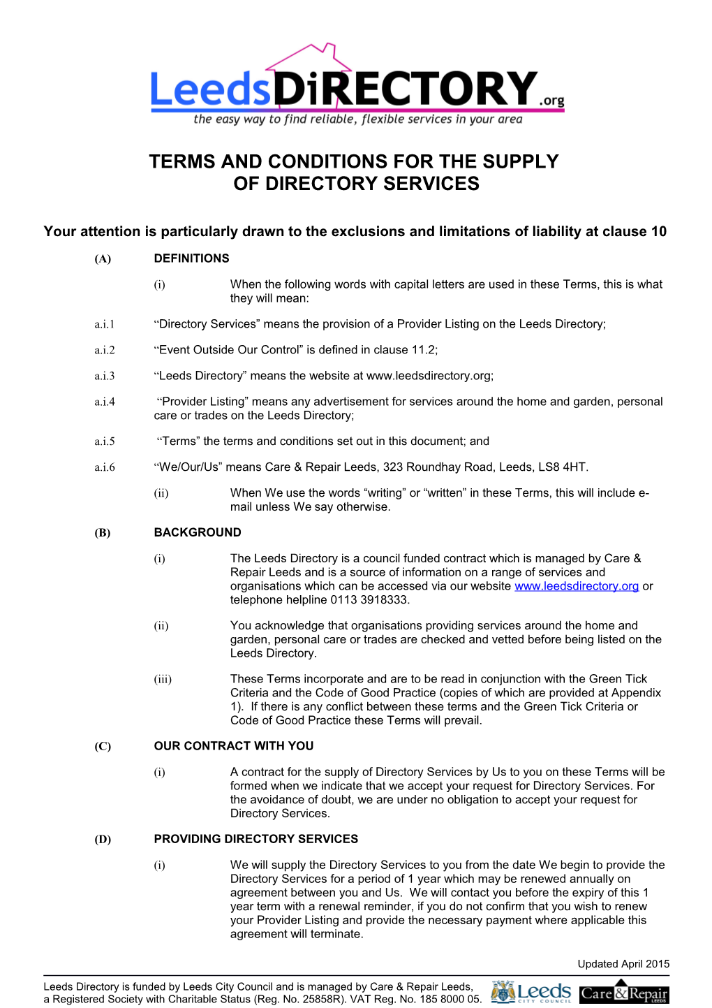 Terms and Conditions for the Supply of Directory Services