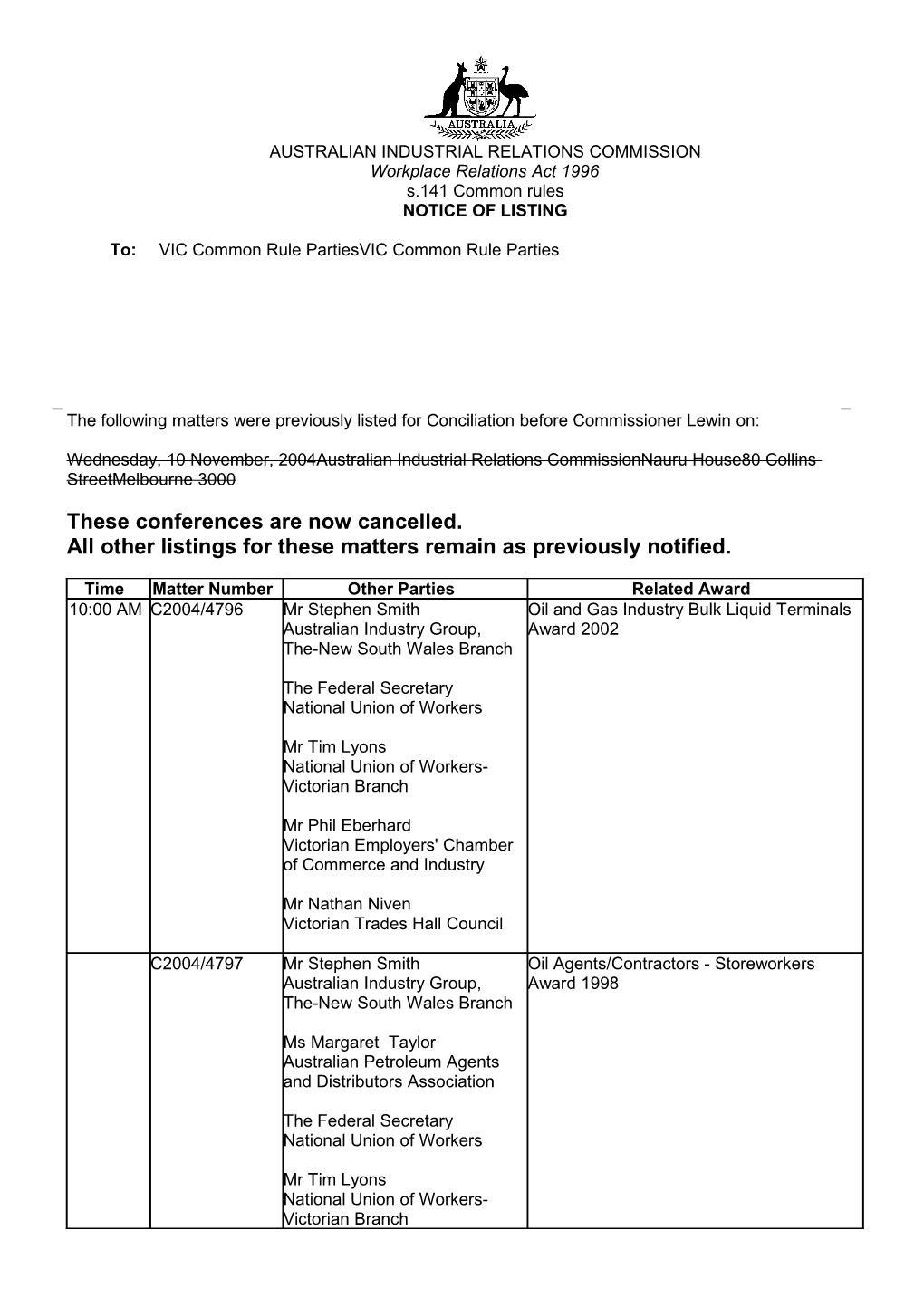 The Following Matters Were Previously Listed for Conciliation Before Commissioner Lewin On