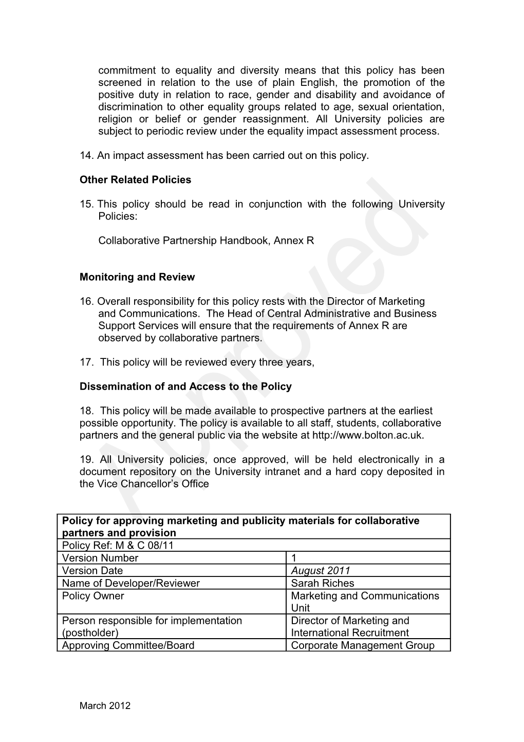 Policy for Approving Marketing and Publicity Materials for Collaborative Partnerships