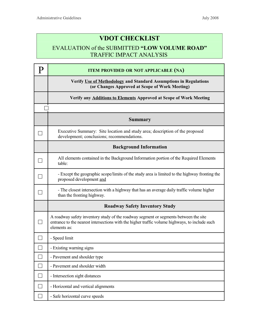 EVALUATION of the SUBMITTED LOW VOLUME ROAD