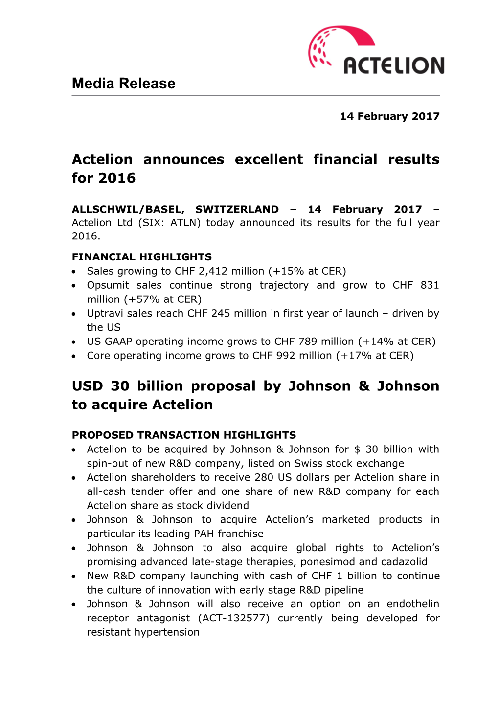 Actelion Announces Excellent Financial Results for 2016