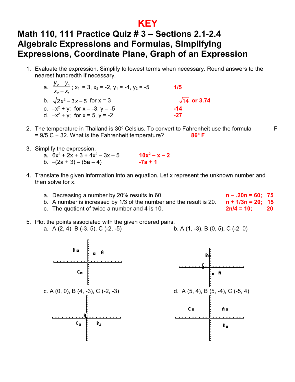 Math 110, 111 Practice Quiz # 5 Sections 3 s1